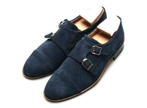 Handmade Navy Blue Double Monk Suede Shoes - leathersguru
