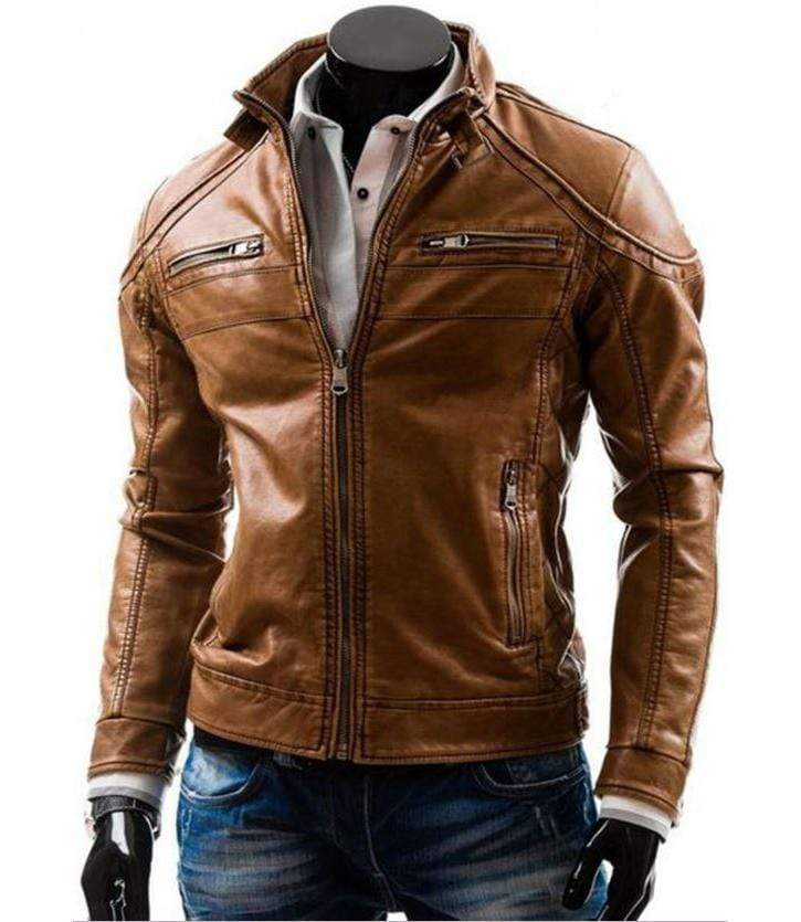 Men’s Tan Leather Bomber Biker Fashion Jacket - leathersguru