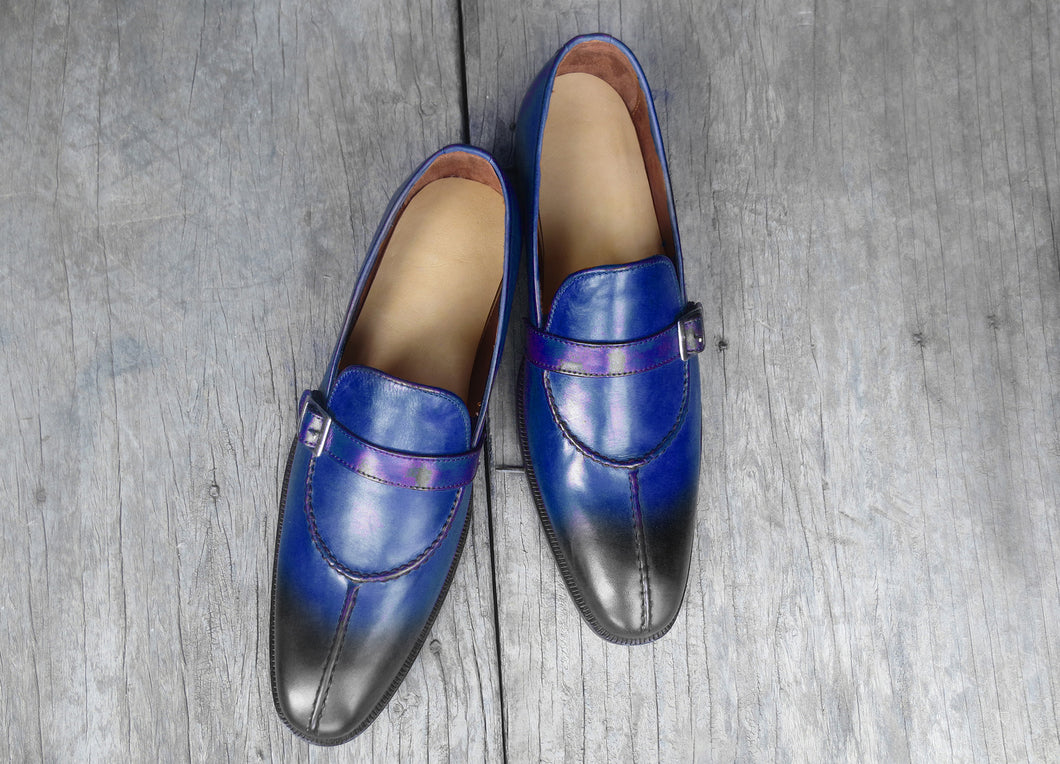 Bespoke Blue & Black Leather Split Toe Monk Strap Shoe for Men - leathersguru