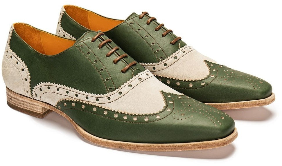 Bespoke Green Beige Leather Suede Wing Tip Lace Up Shoe for Men - leathersguru