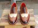 Bespoke Brown White Leather Wing Tip Lace Up Shoes - leathersguru