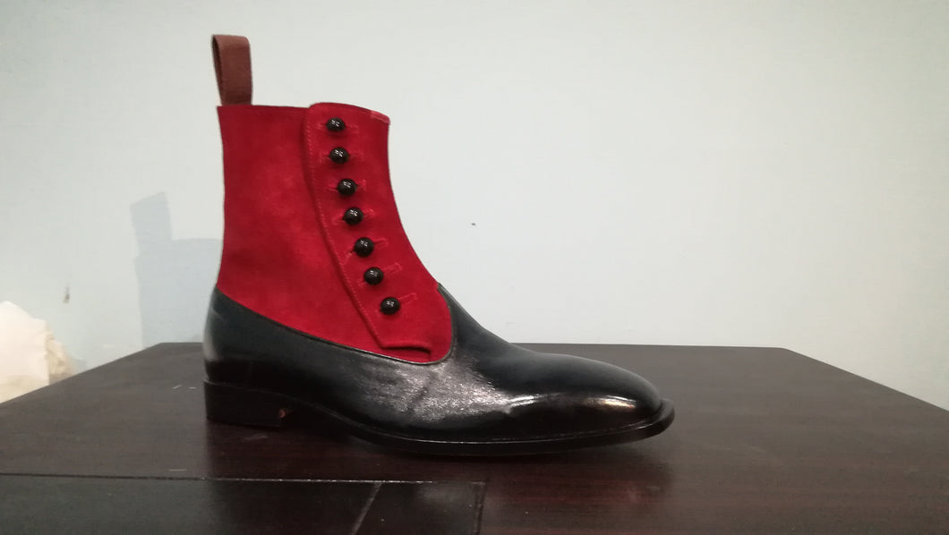 Handmade Black & Red Ankle Button Top Boot For Men's - leathersguru