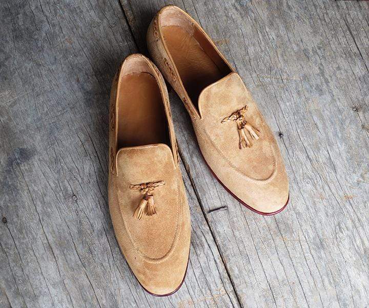 Men's Beige Suede Tassels Slips on Loafer Shoes - leathersguru