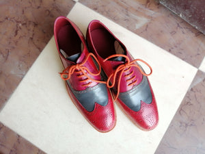 Handmade Men's Casual Shoes, Men's Gray Burgundy Color Leather Wing Tip Lace Up Dress Shoes.