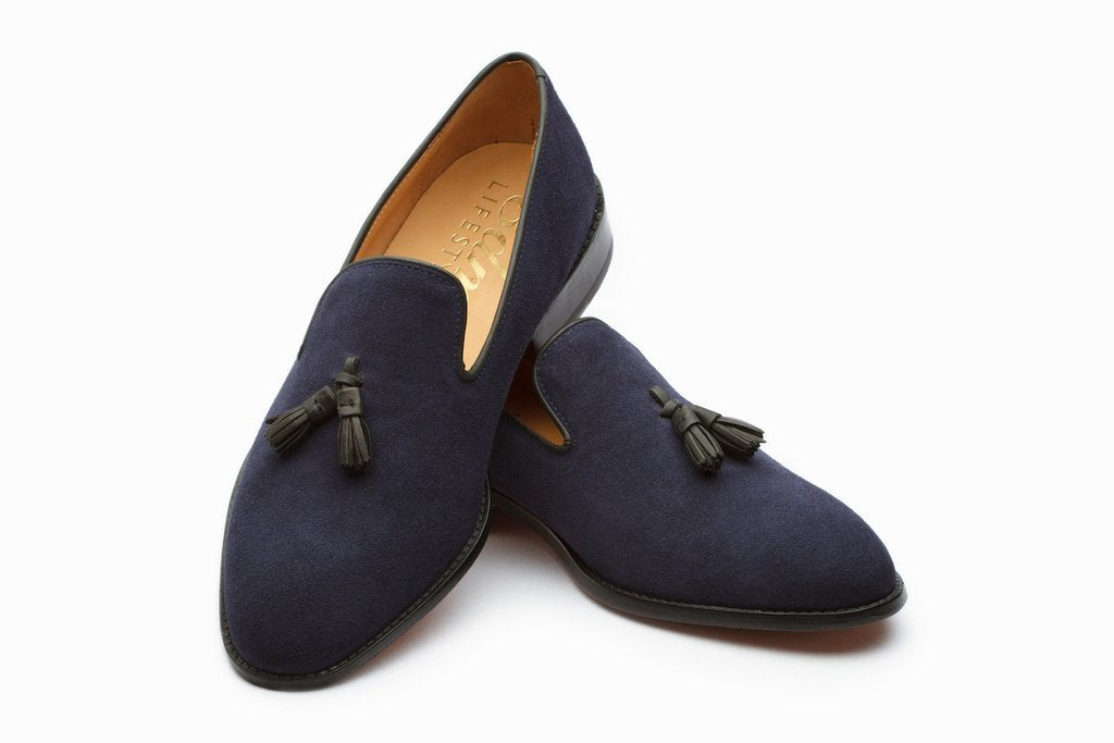 Bespoke Navy Blue Suede Tussle Loafer Shoes - leathersguru