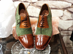 Bespoke Brown Green Leather Suede Cap Toe Shoe for Men - leathersguru