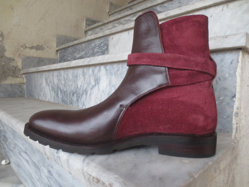 Handmade Brown Burgundy Jodhpurs Leather Suede Boot For Men's - leathersguru