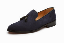 Load image into Gallery viewer, Bespoke Navy Blue Suede Tussle Loafer Shoes - leathersguru
