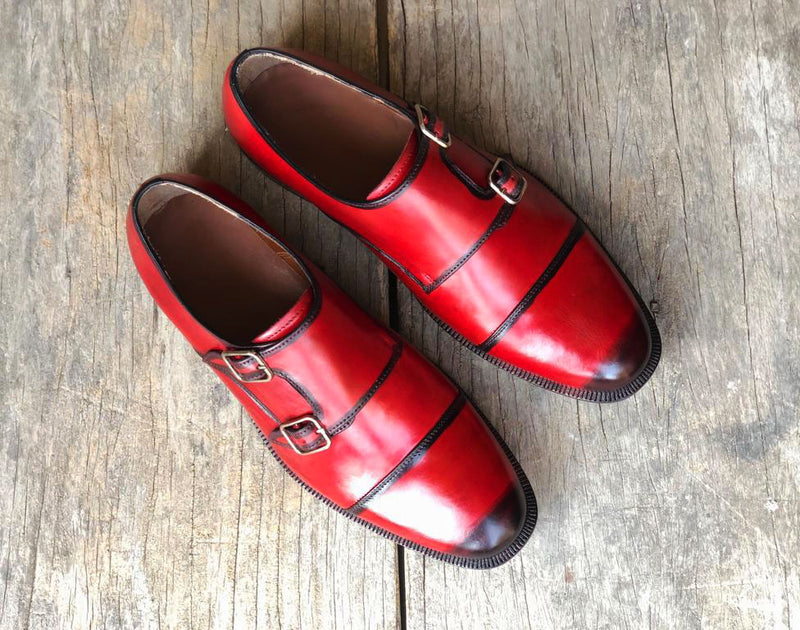 Bespoke Red Leather Double Monk Strap Shoes for Men's - leathersguru
