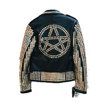 Load image into Gallery viewer, Men&#39;s Punk Style Golden Studded Black Zipper Leather Jacket 
