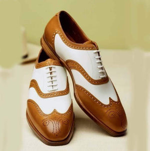 Handmade White Brown Leather Shoes - leathersguru