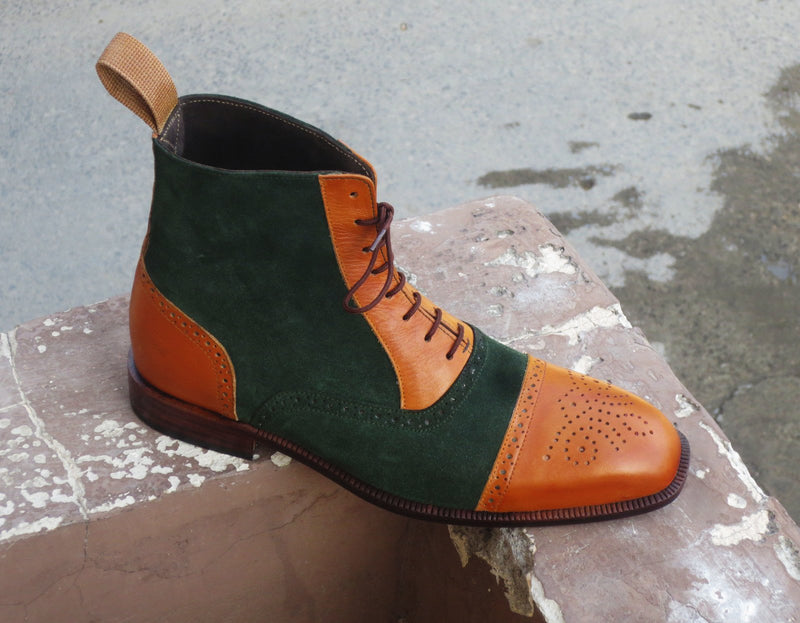 Bespoke Green & Tan Leather Suede Cap Toe Lace Up Boot - leathersguru