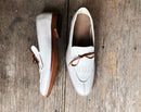 Bespoke White Leather Fringe Tussle Loafer for Men's - leathersguru