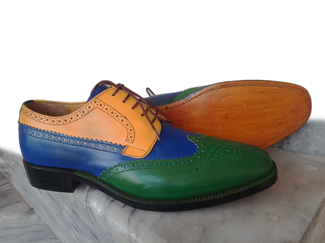 Bespoke Multi Color Leather Wing Tip Lace up Shoe for Men's - leathersguru