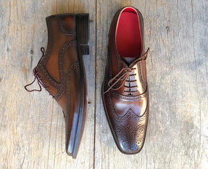Bespoke Brown Leather Wing Tip Lace Up Shoe for Men - leathersguru