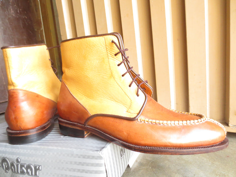 Bespoke Yellow Tan Lace Up Leather Boots - leathersguru