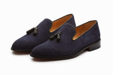 Load image into Gallery viewer, Handmade Men&#39;s Blue Suede Slip On Tussles Shoe - leathersguru

