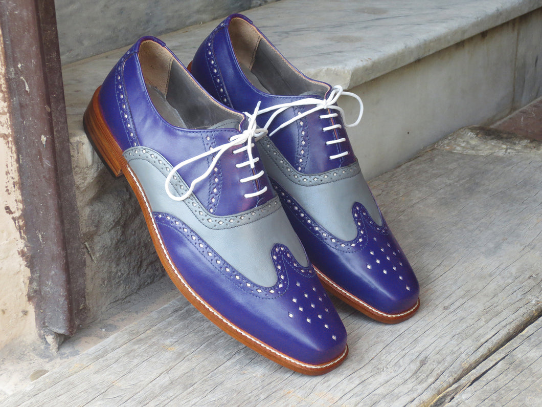 Bespoke Blue & Gray Leather Wing Tip Lace Up Shoe for Men - leathersguru