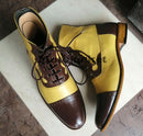 Bespoke Yellow & Brown Leather Cap Toe Lace Up Boot - leathersguru