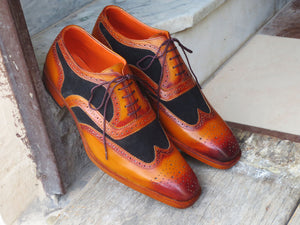 Bespoke Black & Tan Leather Suede Wing Tip Lace Up Shoe for Men - leathersguru