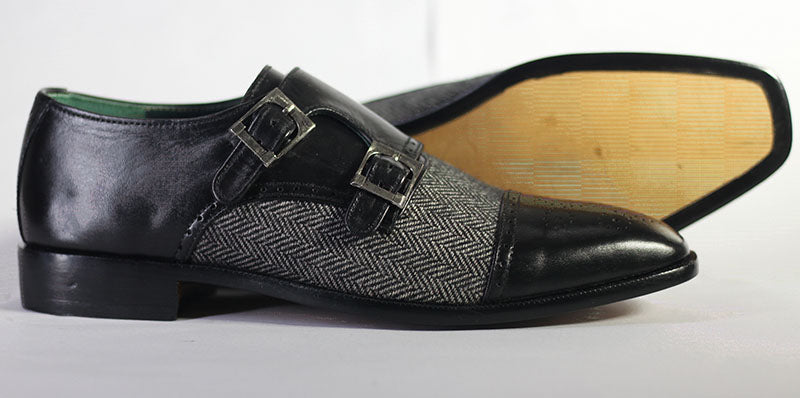 Bespoke Black Tweed Suede Monk Strap Shoe for Men - leathersguru