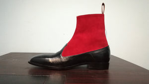 Handmade Black & Red Ankle Button Top Boot For Men's - leathersguru