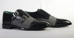 Bespoke Black Tweed Suede Monk Strap Shoe for Men - leathersguru