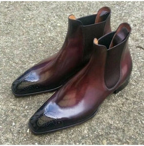 Bespoke Burgundy Chelsea Leather Brogue Toe Boots for Men's - leathersguru