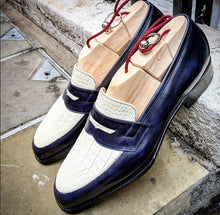 Load image into Gallery viewer, White &amp; Blue Alligator &amp; Pebbled Leather Penny Loafers Shoes for Men&#39;s - leathersguru
