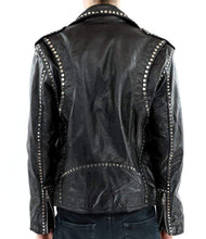 Load image into Gallery viewer, Men Silver Studded Jacket Black Punk Silver Spiked Leather Belted Biker Jacket - leathersguru
