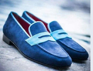 Men's Suede Penny Loafers Blue Slip On Moccasin Shoes - leathersguru