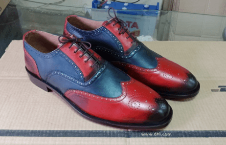 Men's Leather Blue Red Wing Tip Brogue Lace Up Shoes - leathersguru