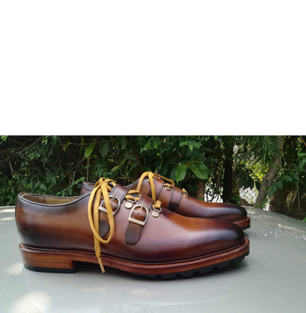 Handmade Brown Leather Monk Strap Lace Up Shoe - leathersguru