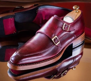 Men's Burgundy Color Double Monk leather shoes Men Dress Formal Straps Square Toe Shoes