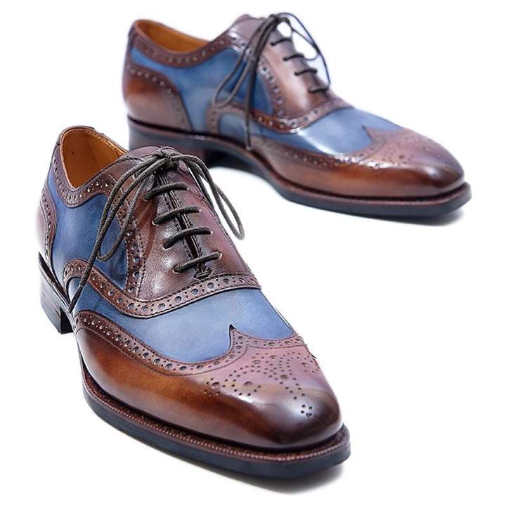 Men's Blue Brown Wing Tip Lace Up Leather Shoes Men Dress Formal Brogues Leather Shoe