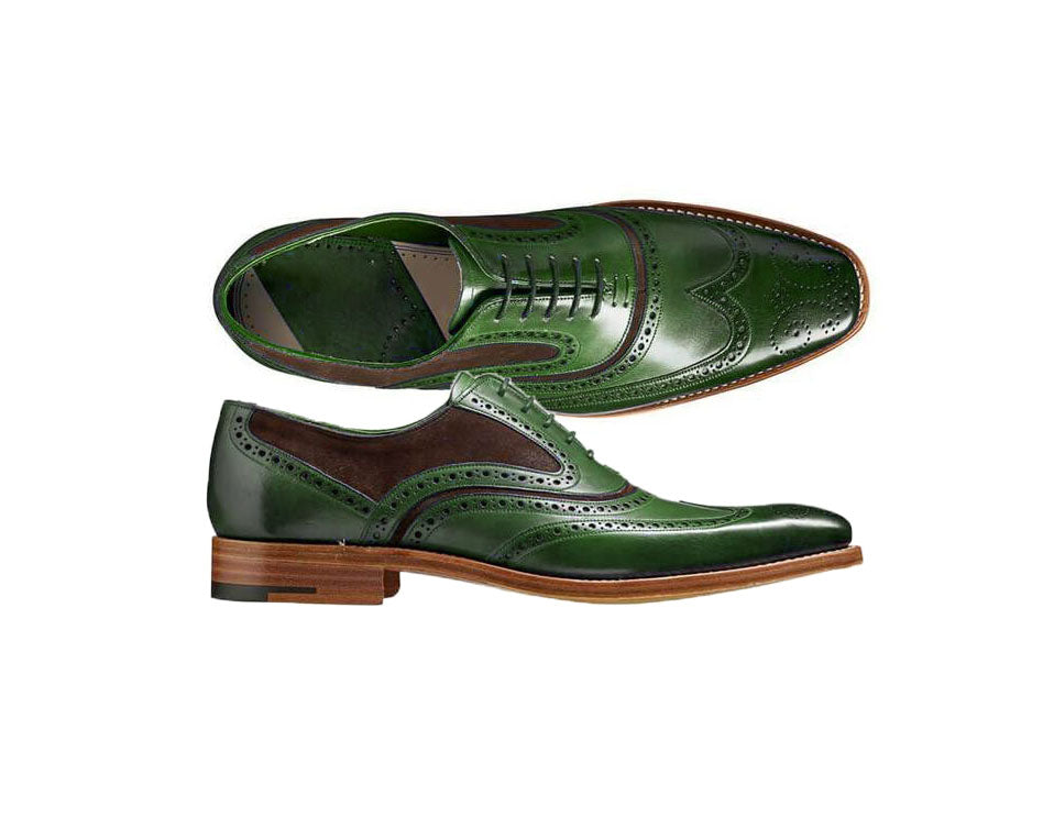 Bespoke Green & Brown Leather Suede Wing Tip Lace Up Shoe for Men's - leathersguru