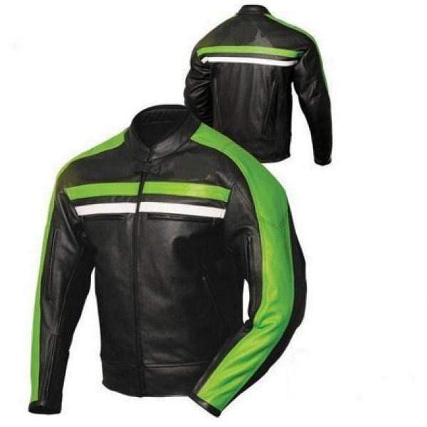 Handmade Biker leather black green Strip Jacket - leathersguru