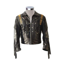 Load image into Gallery viewer, Men&#39;s Bluish Black Leather Western Cowboy Leather Jacket Fringe Bones - leathersguru
