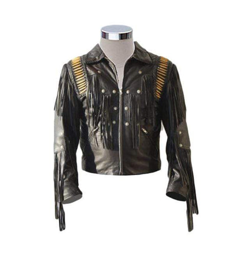 Men's Bluish Black Leather Western Cowboy Leather Jacket Fringe Bones - leathersguru