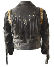 Load image into Gallery viewer, Men&#39;s Bluish Black Leather Western Cowboy Leather Jacket Fringe Bones - leathersguru
