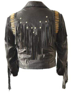 Men's Bluish Black Leather Western Cowboy Leather Jacket Fringe Bones - leathersguru