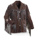Men's Bluish Brown Suede Western Cowboy Leather Jacket Fringe Bones - leathersguru