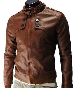 Men slim fit Leather Jacket, Mens Leather jacket, Brown Button Zipper Jacket - leathersguru