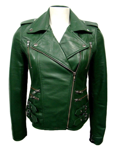 Mens Genuine Zipper Belted Leather Quilted Motorcycle Green Jacket Slim fit Biker Jacket - leathersguru