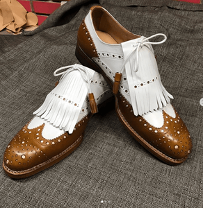 Men's Leather Fringe Brown White Wing Tip Brogue Shoes - leathersguru