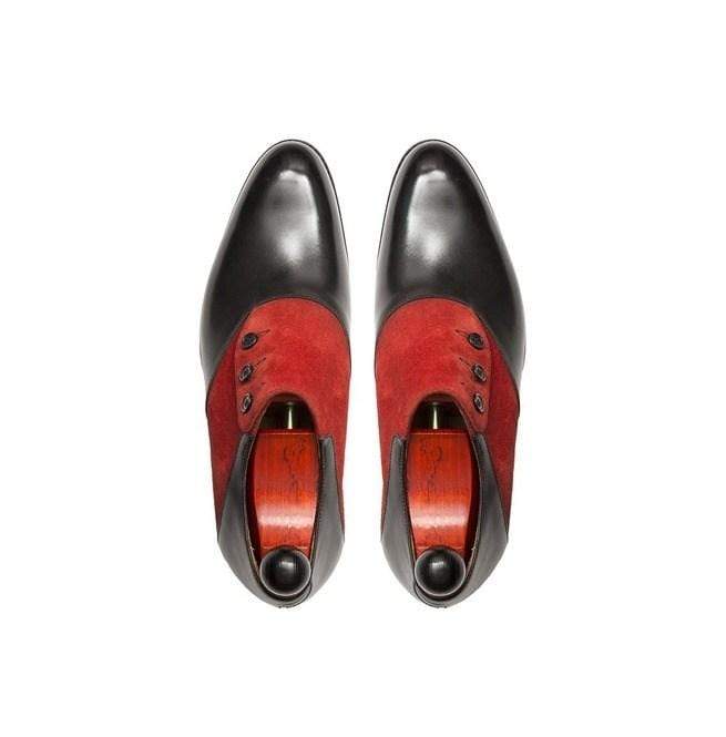 Handmade Red Black Leather Suede Button Shoes - leathersguru