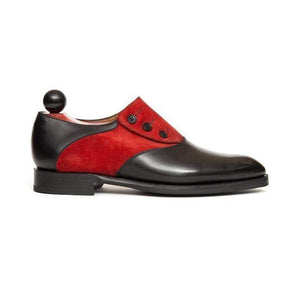 Handmade Red Black Leather Suede Button Shoes - leathersguru