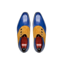 Load image into Gallery viewer, Handmade Tan Blue Leather Suede Button Shoes - leathersguru
