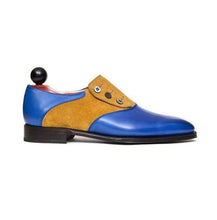 Load image into Gallery viewer, Handmade Tan Blue Leather Suede Button Shoes - leathersguru
