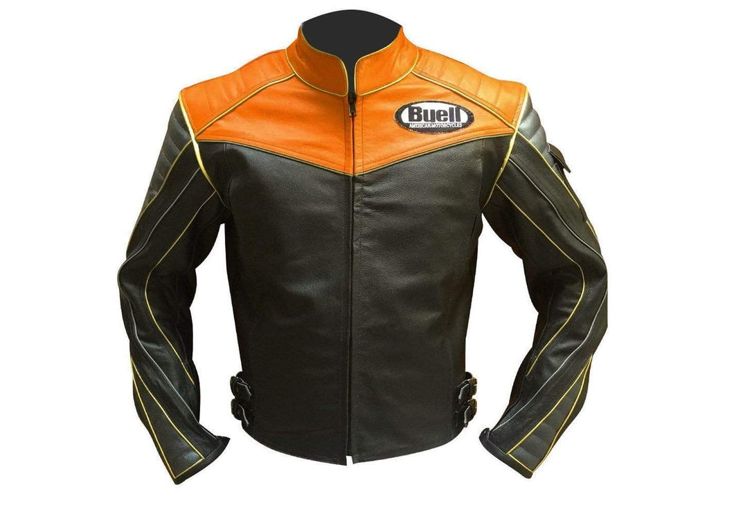 Men Buell Motorcycle Black Tan Leather Jacket Buell Moto Leather Jacket With CE Armour - leathersguru